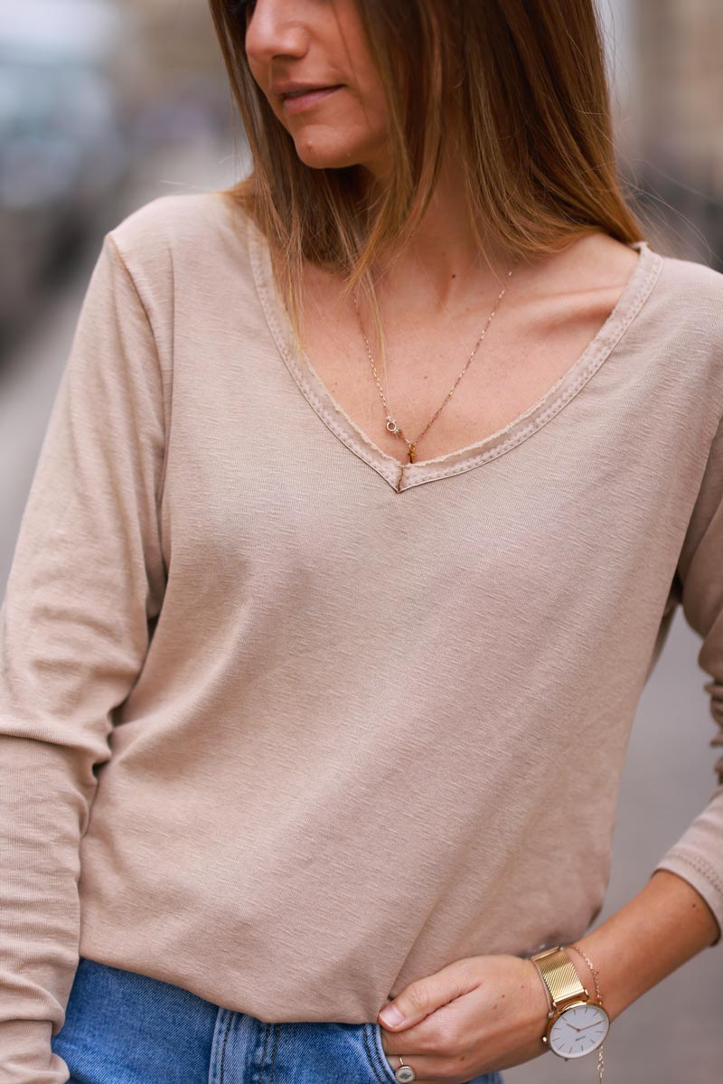 Tshirt marron glacé manches longues en coton col v finition franges