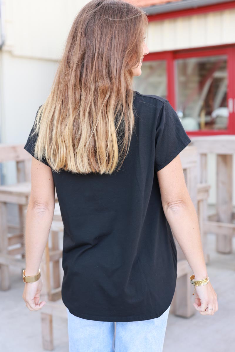 T-shirt noir col V manches courtes tête de mort mexicaine en pailettes dégradées