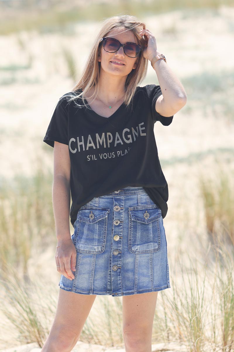 T-shirt noir col V message champagne s'il vous plait