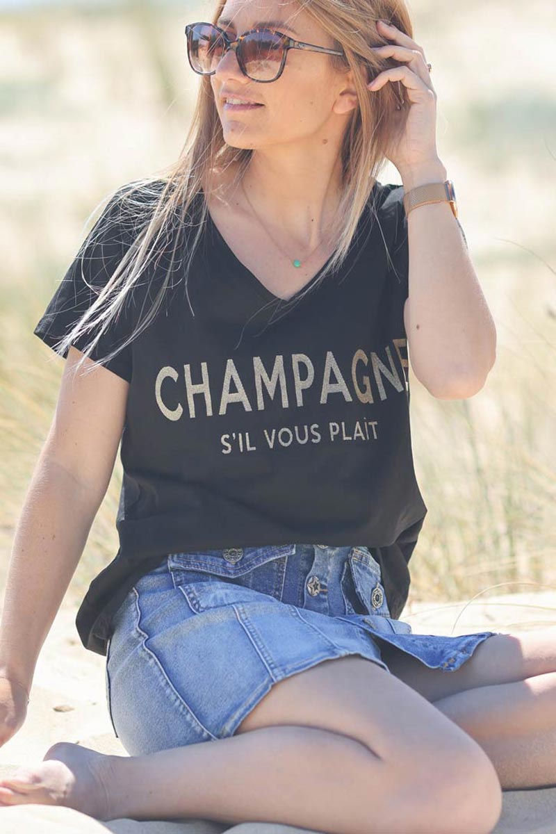 T-shirt noir col V message champagne s'il vous plait