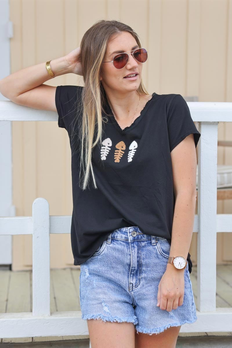 Tshirt noir coton col v franges trio poissons bouclettes g171 (1)