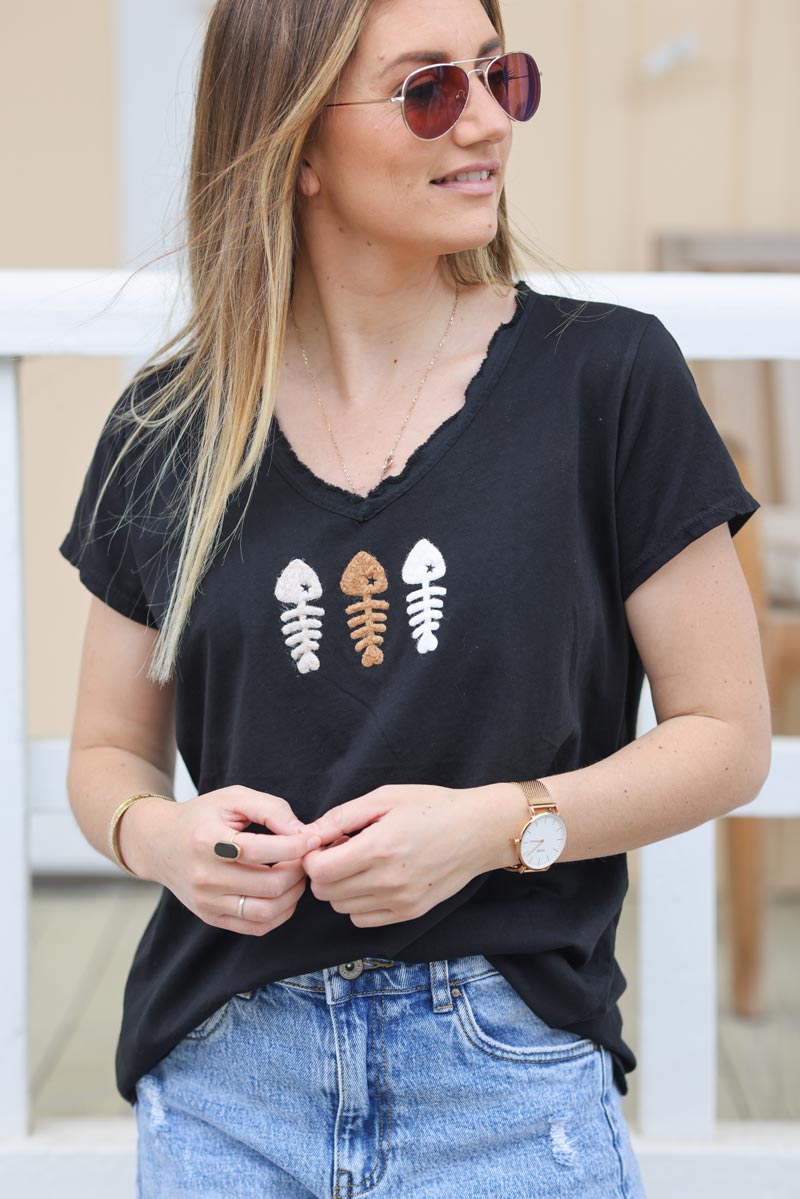 Tshirt noir coton col v franges trio poissons bouclettes g171 (1)