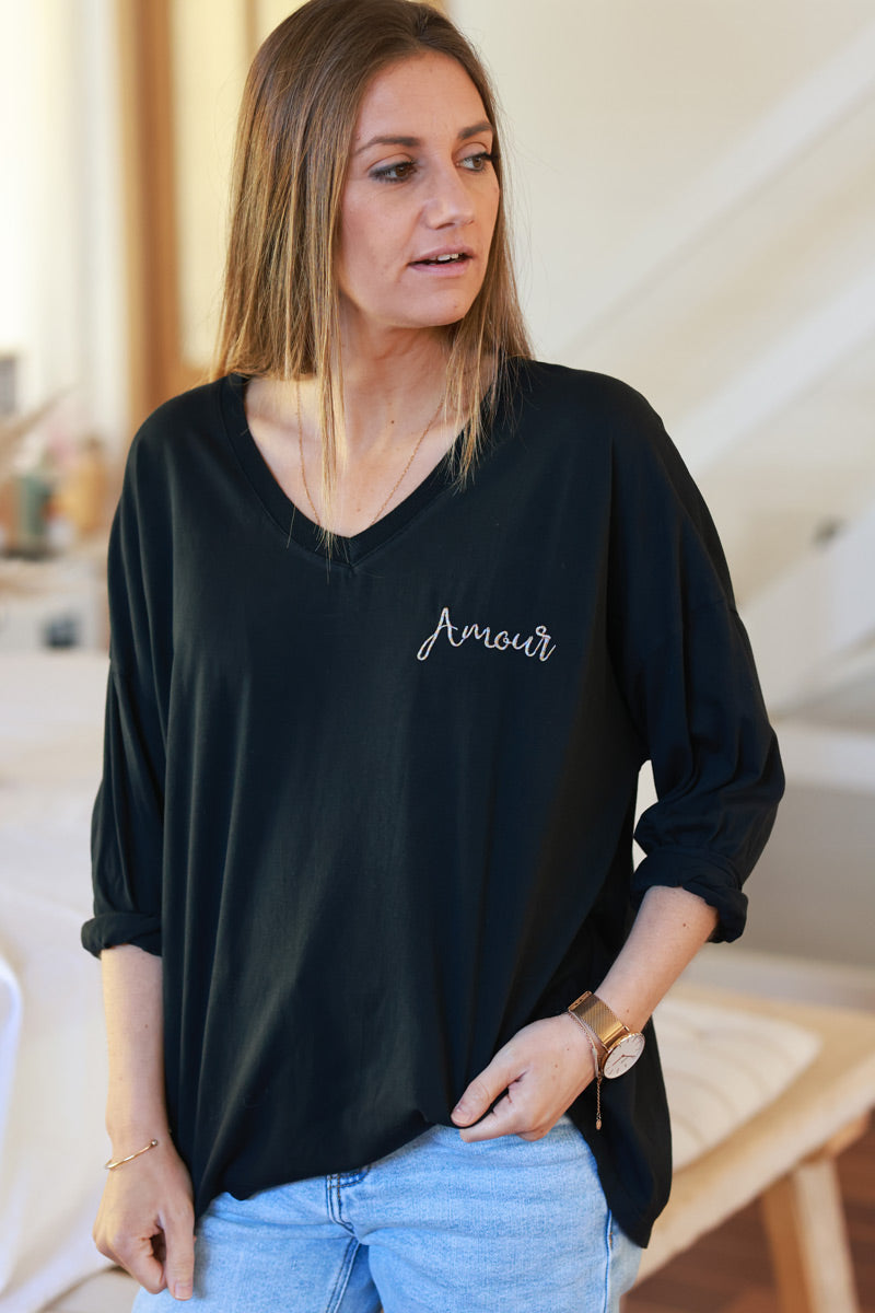 T-shirt noir en coton manches longues broderie Amour fils colorés col v
