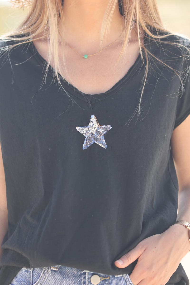 Tshirt noir coton étoile sequins