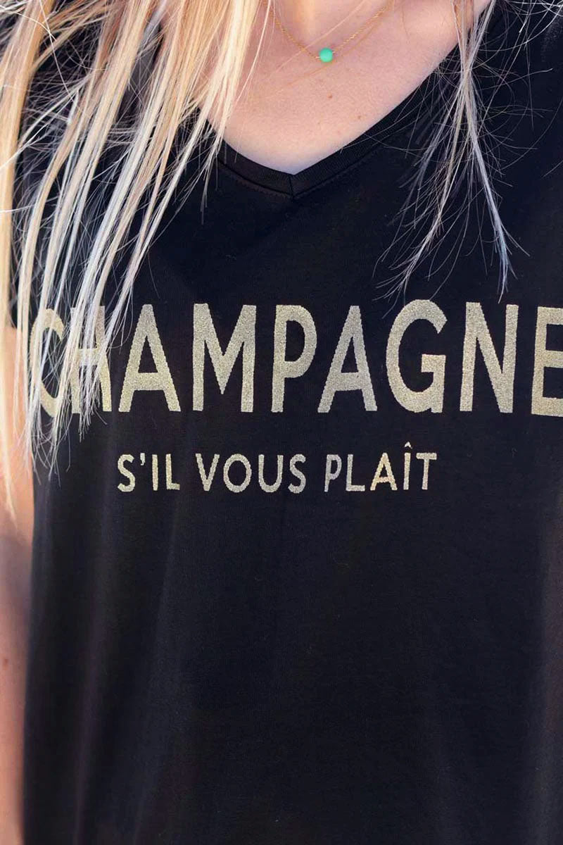 T-shirt noir col V message champagne s'il vous plait