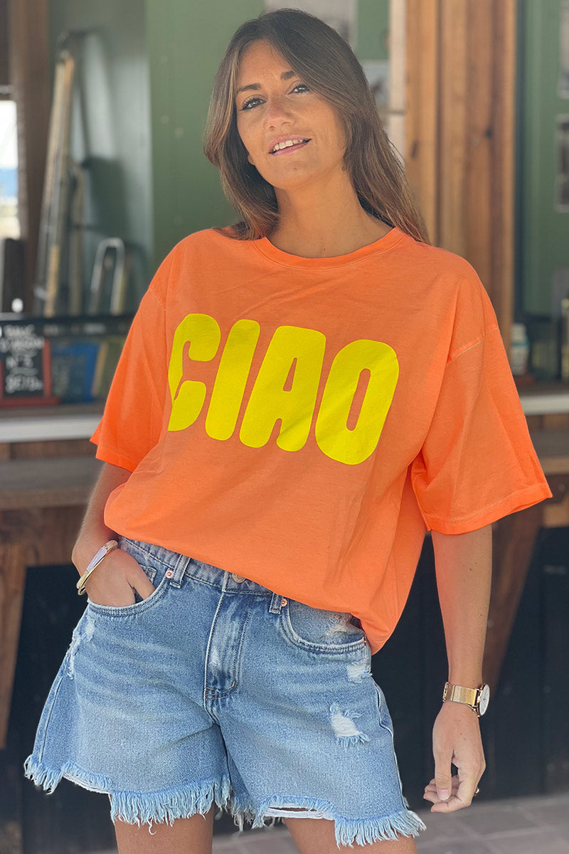T-shirt orange flash en coton inscription CIAO jaune