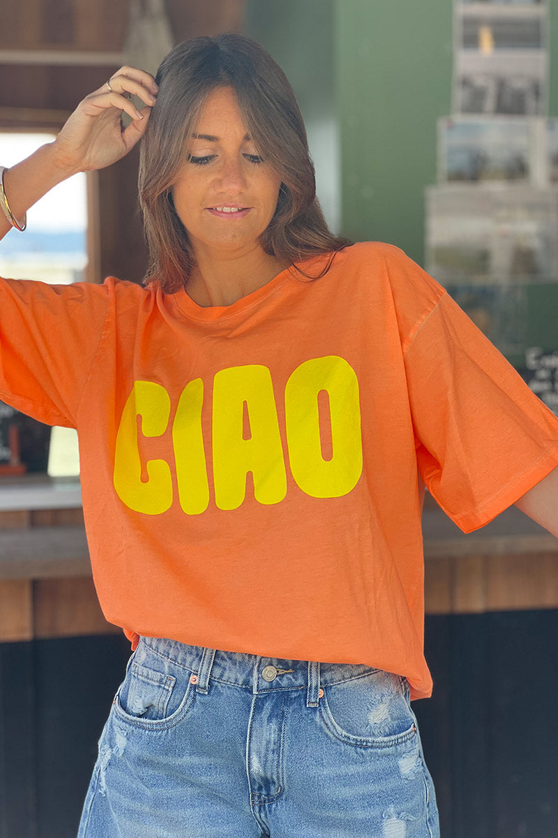 T-shirt orange flash en coton inscription CIAO jaune