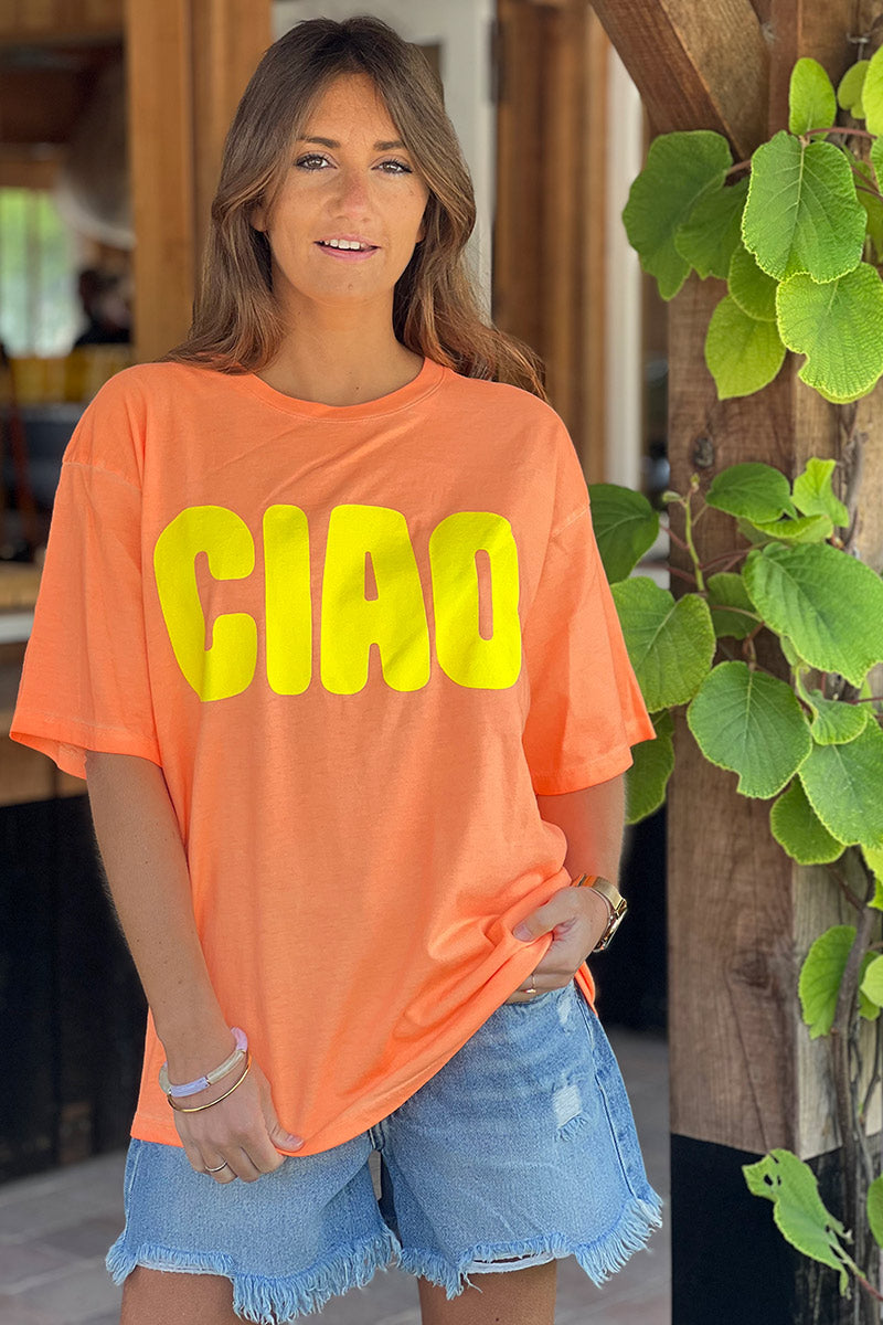 T-shirt orange flash en coton inscription CIAO jaune