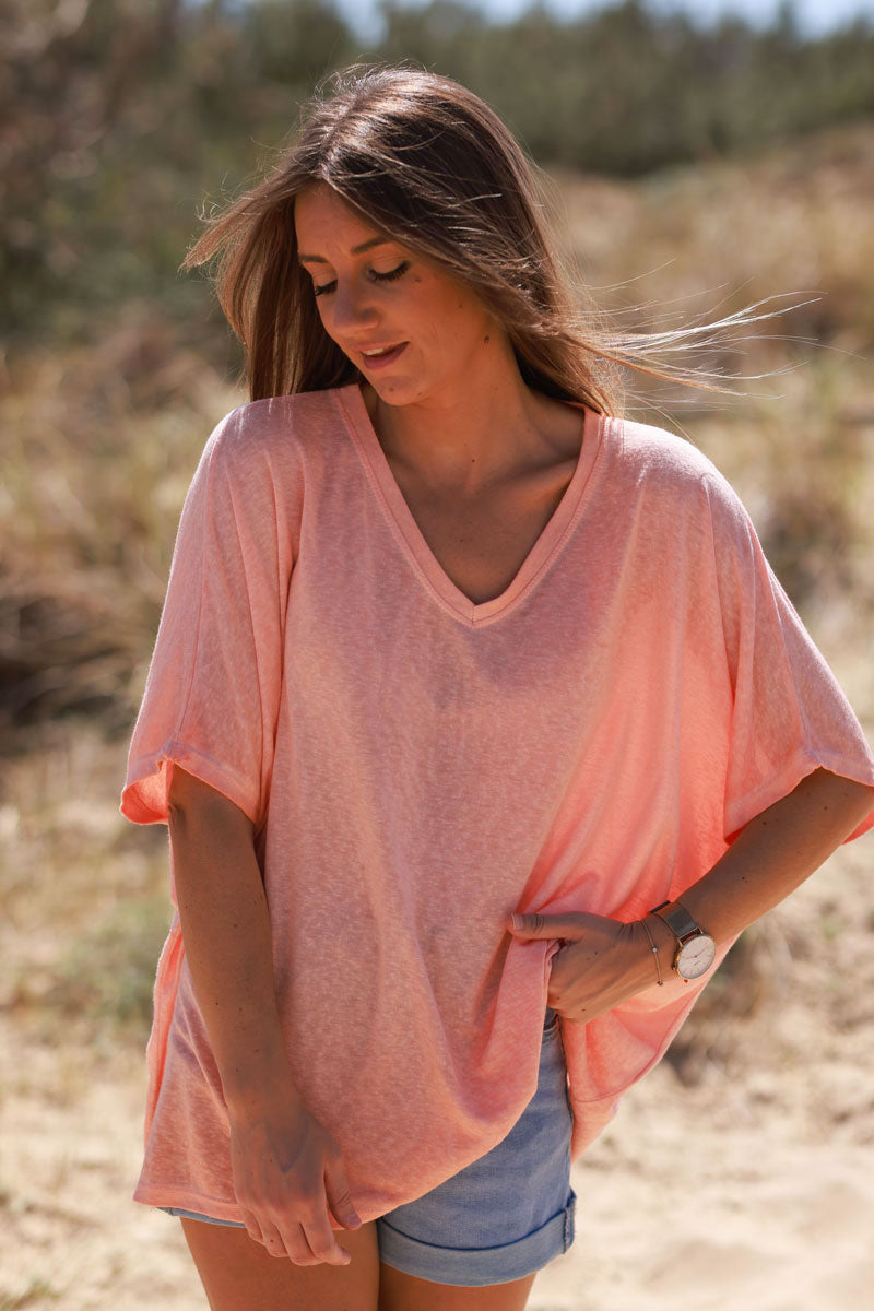 T-shirt orange pastel délavé souple large et loose manches courtes chauve souris