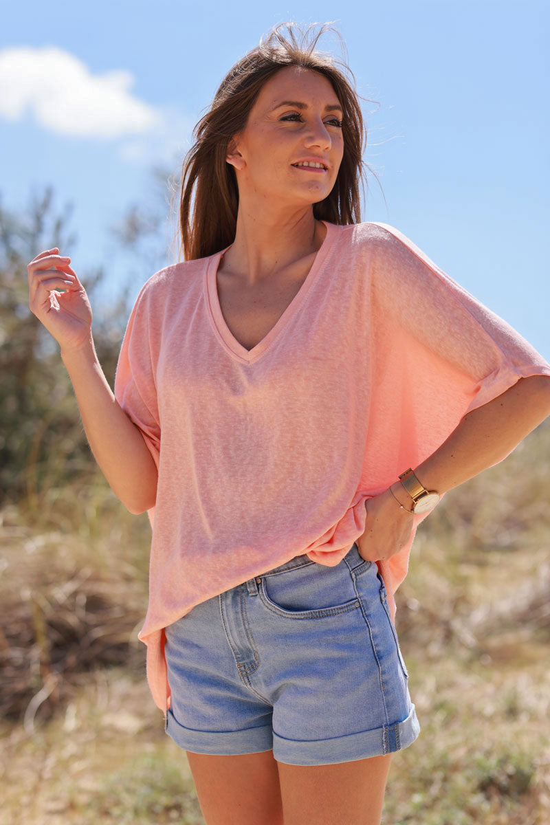 T-shirt orange pastel délavé souple large et loose manches courtes chauve souris