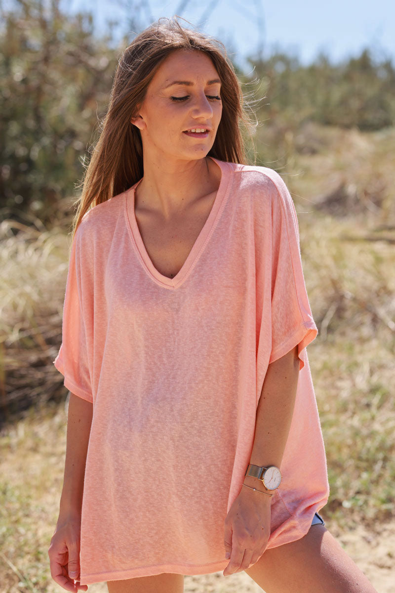 T-shirt orange pastel délavé souple large et loose manches courtes chauve souris