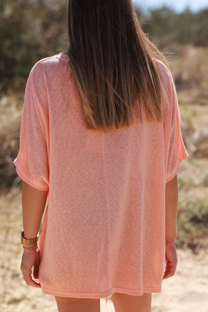 T-shirt orange pastel délavé souple large et loose manches courtes chauve souris