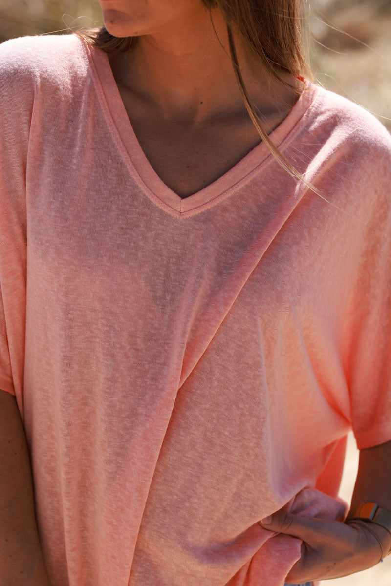 T-shirt orange pastel délavé souple large et loose manches courtes chauve souris