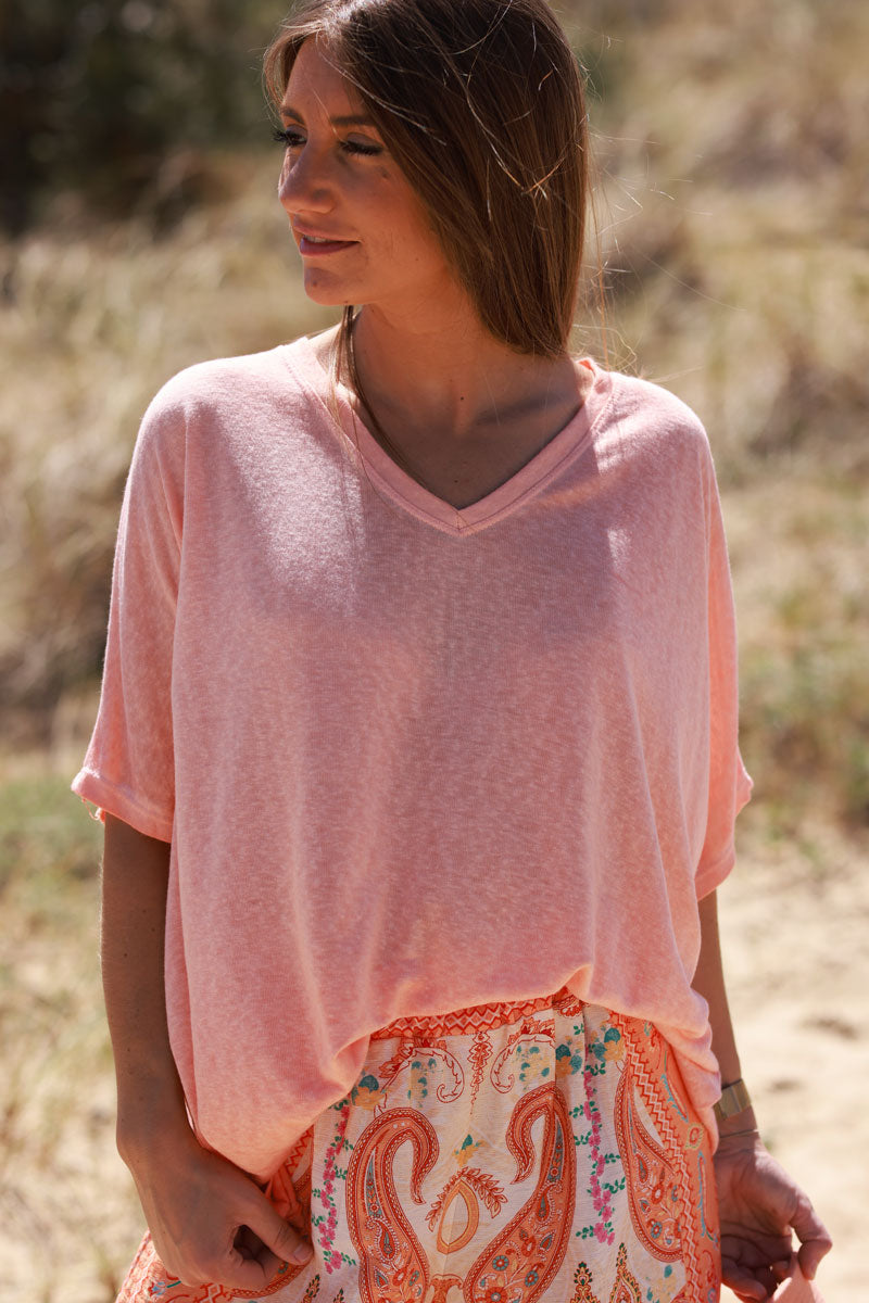 T-shirt orange pastel délavé souple large et loose manches courtes chauve souris