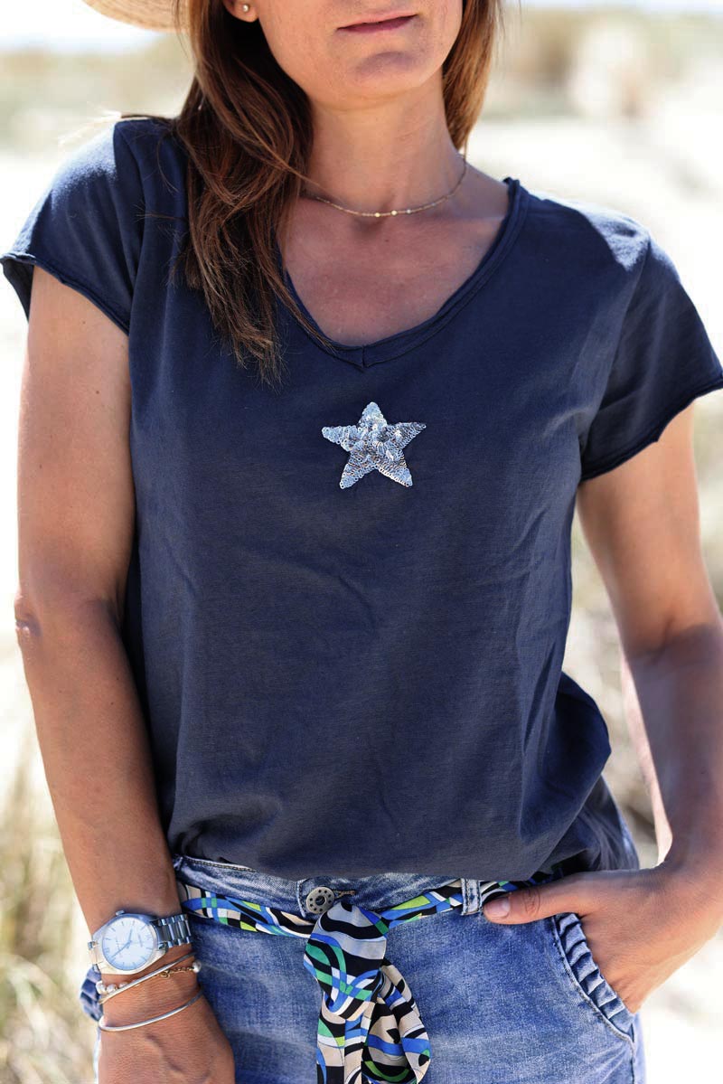 Tshirt bleu marine coton étoile sequins