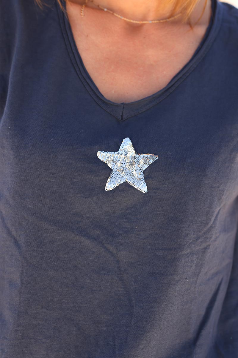 Tshirt bleu marine coton étoile sequins