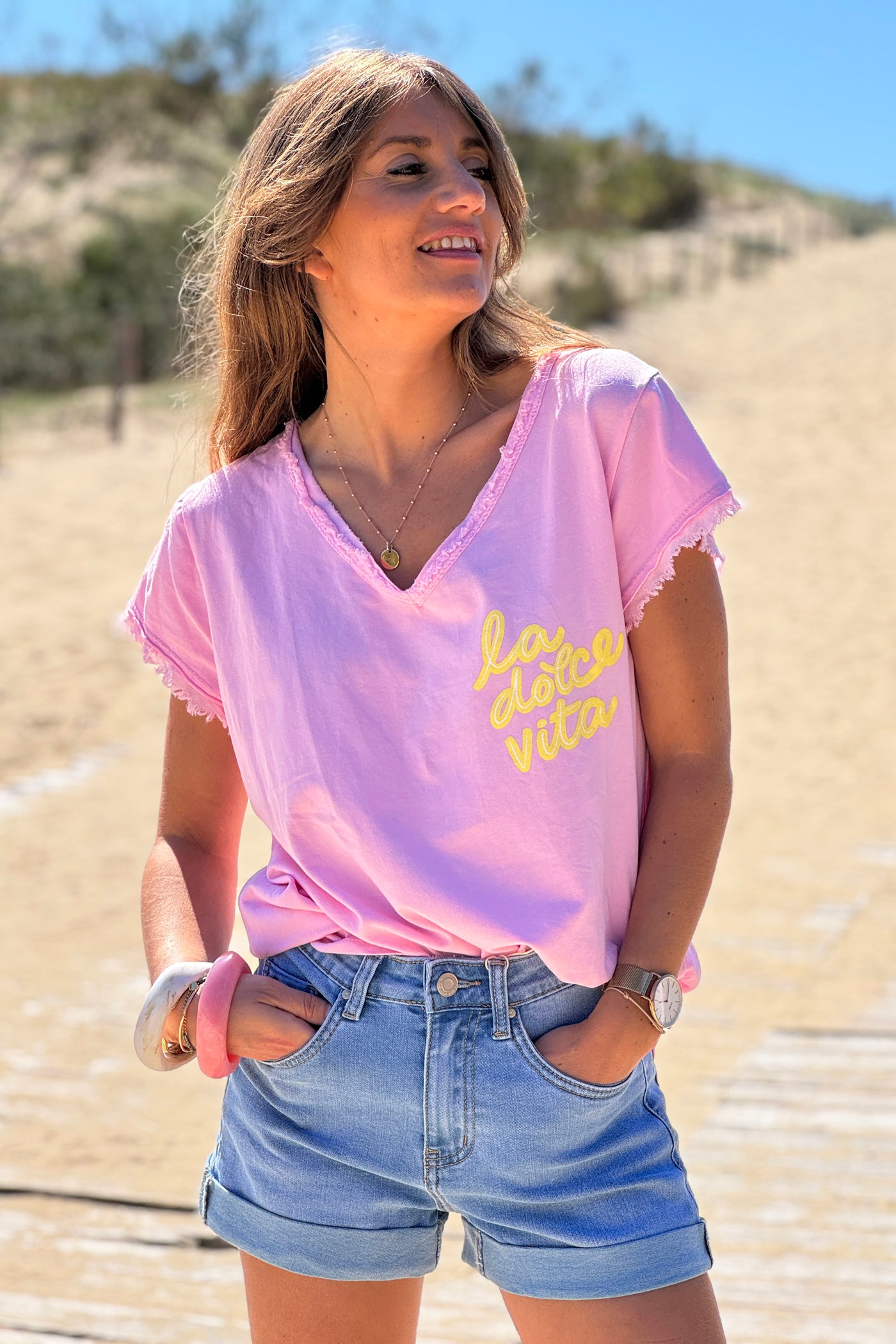 Tshirt rose Dolce Vita finitions franges