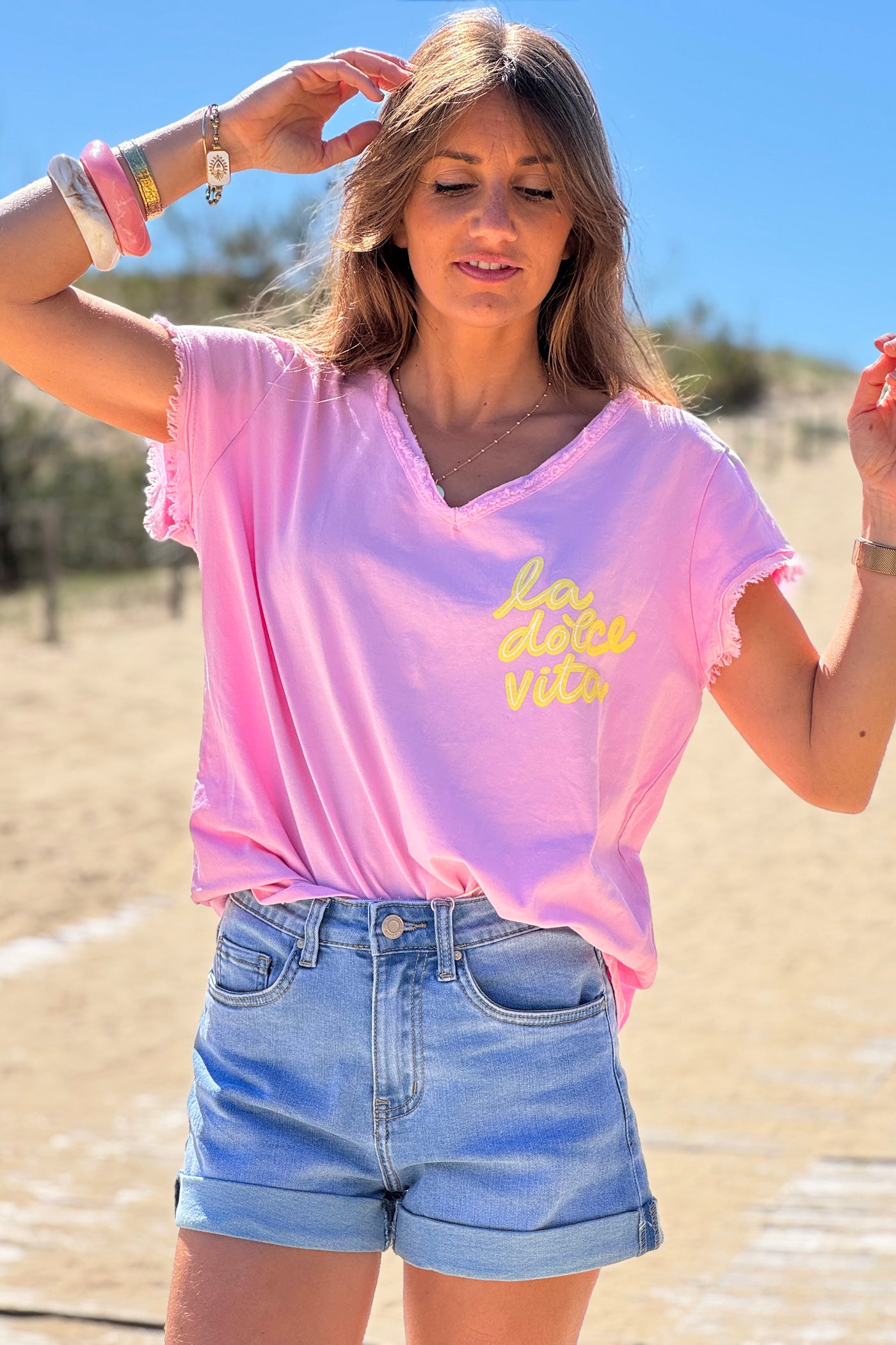 Tshirt rose Dolce Vita finitions franges