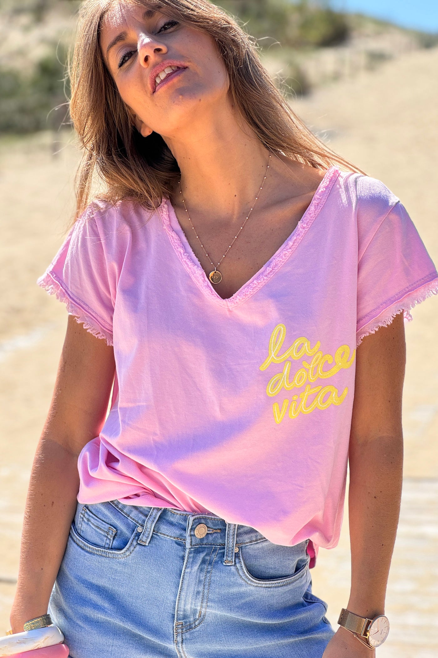 Tshirt rose Dolce Vita finitions franges