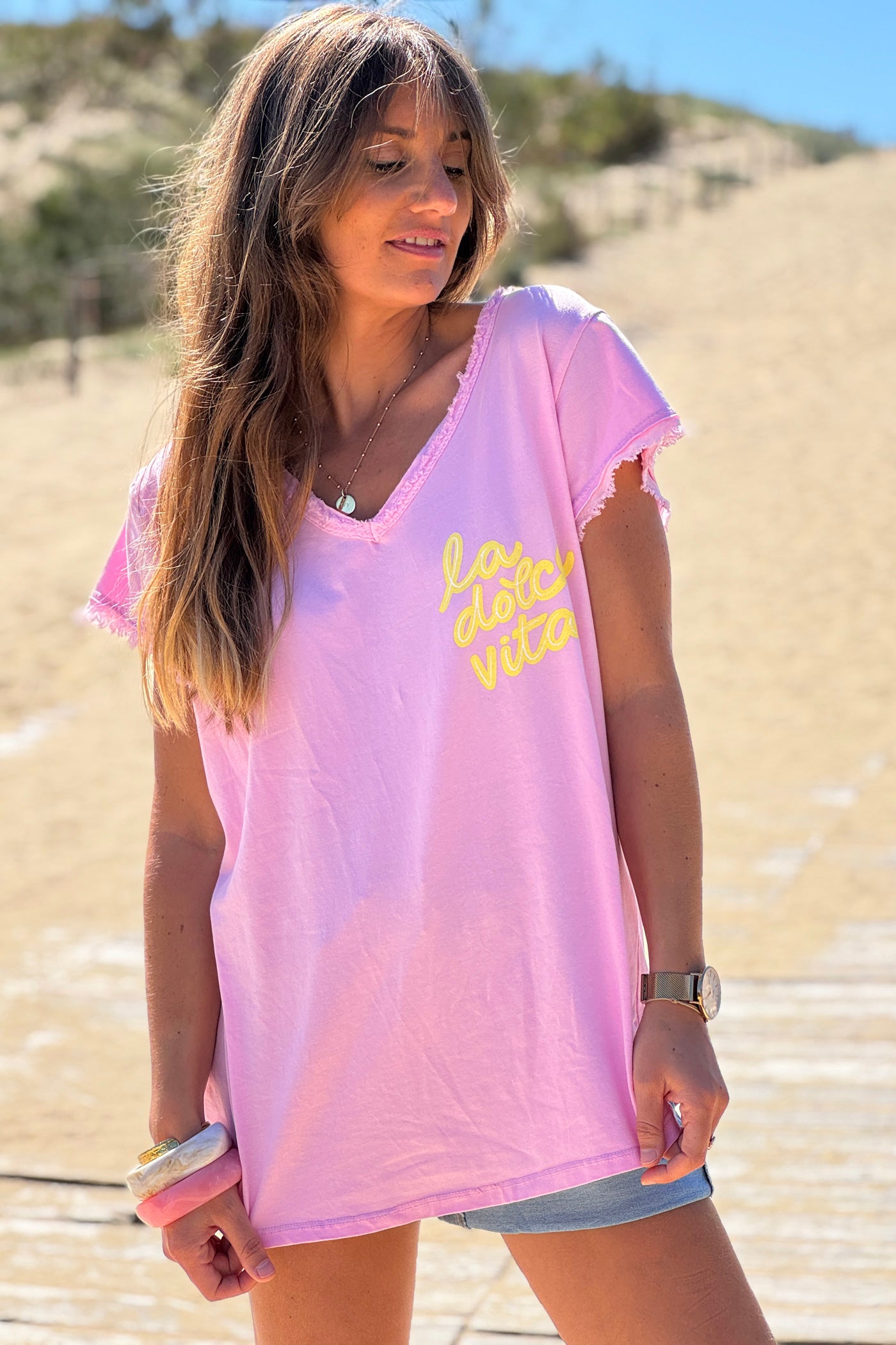 Tshirt rose Dolce Vita finitions franges