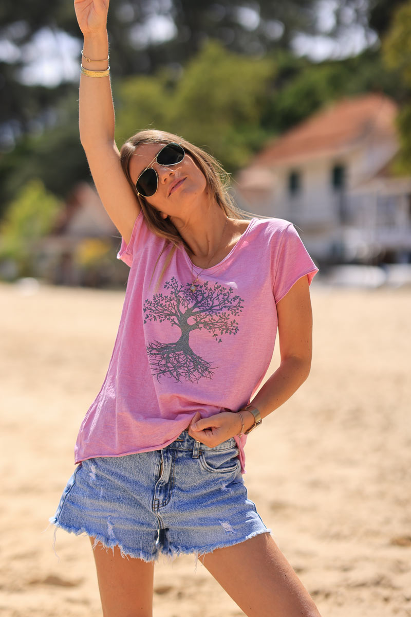 Pink v-neck t-shirt with a glitter tree of life design
