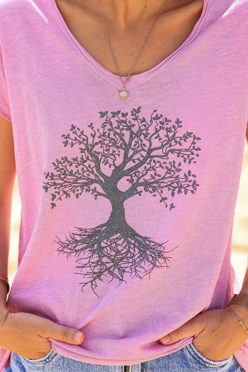 Pink v-neck t-shirt with a glitter tree of life design