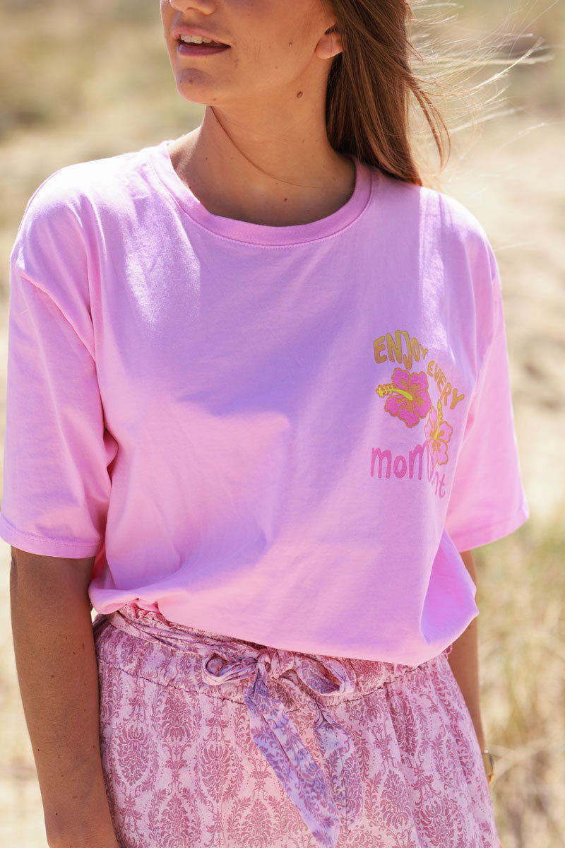 T-shirt rose en coton Enjoy every moments hibiscus