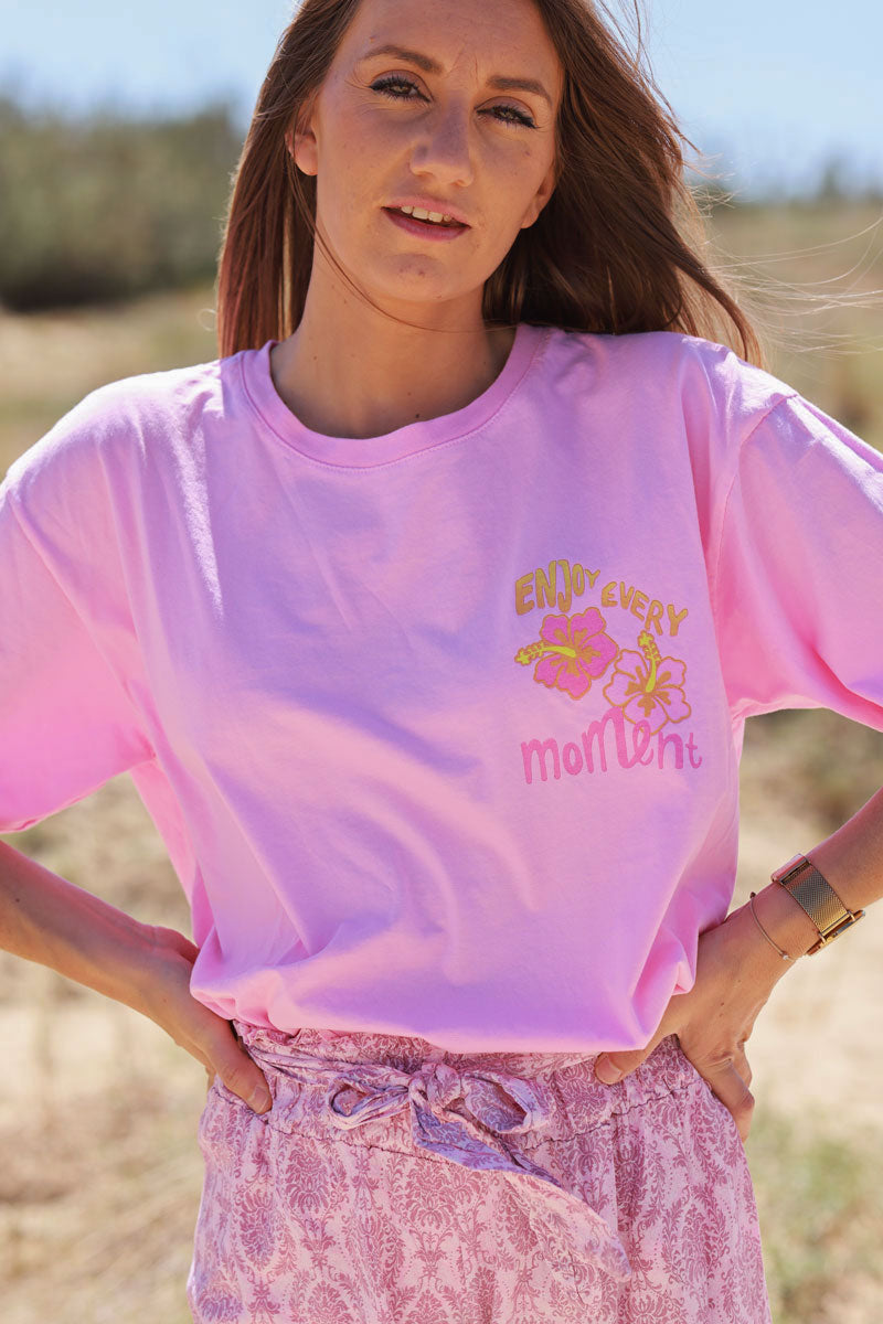 T-shirt rose en coton Enjoy every moments hibiscus