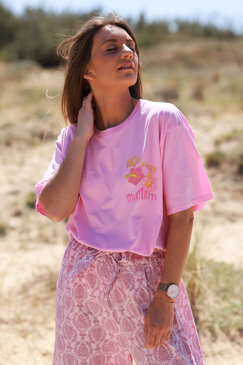 T-shirt rose en coton Enjoy every moments hibiscus