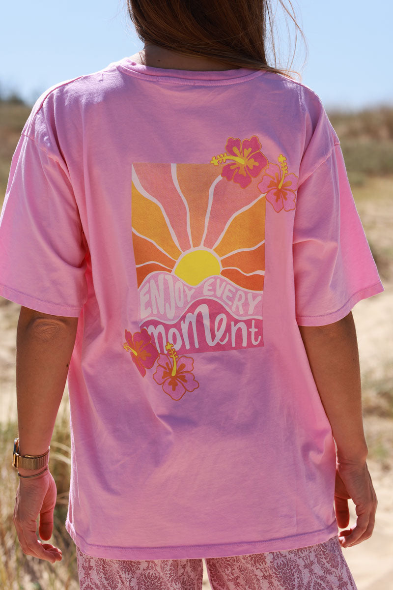 T-shirt rose en coton Enjoy every moments hibiscus