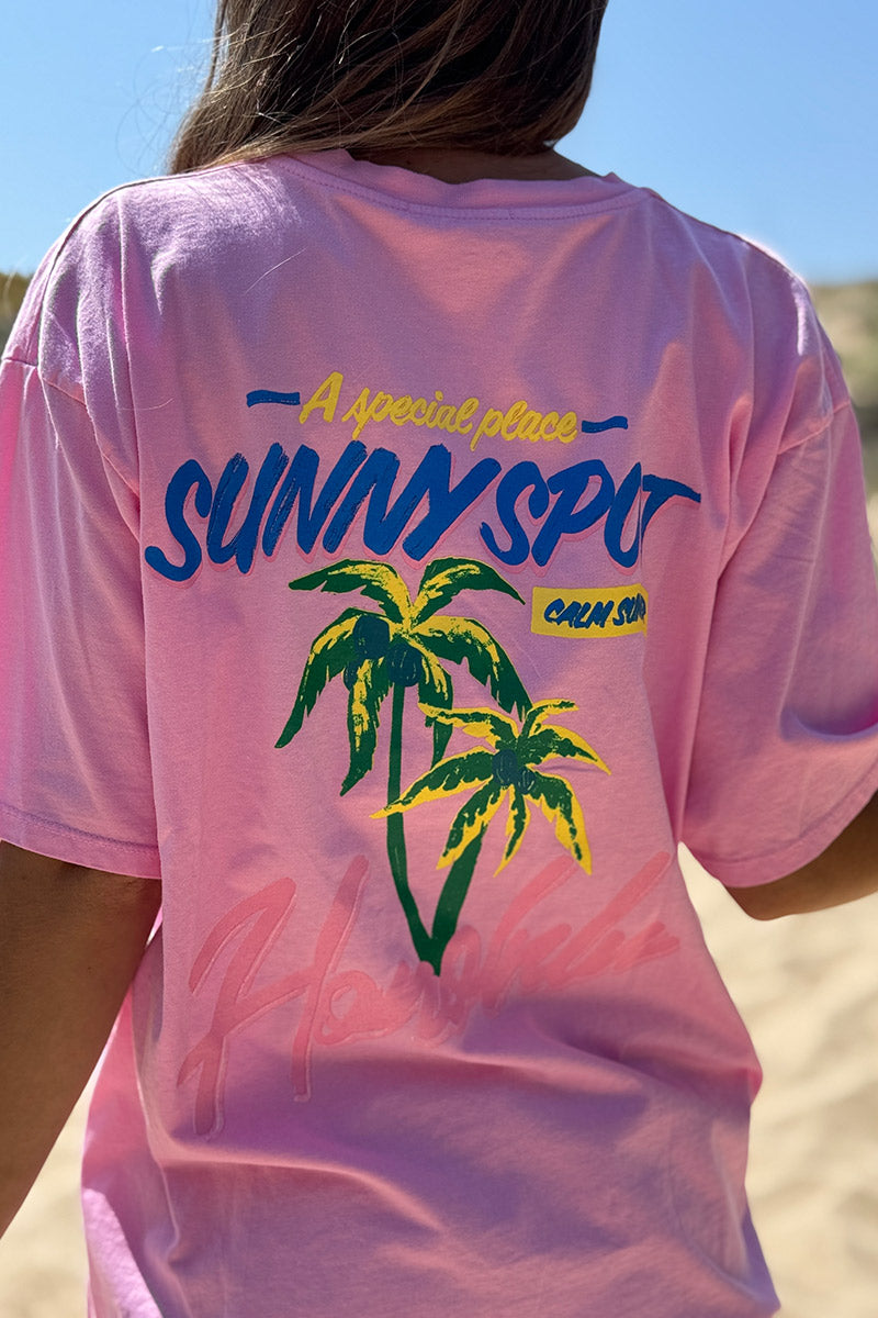 Tshirt rose en coton Honolulu palmier col rond