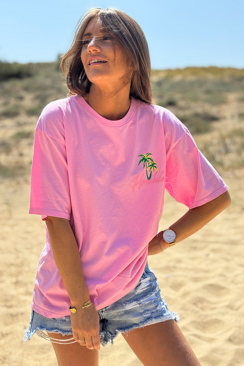 Tshirt rose en coton Honolulu palmier col rond