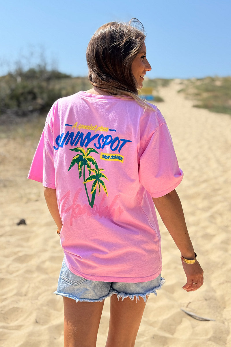 Tshirt rose en coton Honolulu palmier col rond
