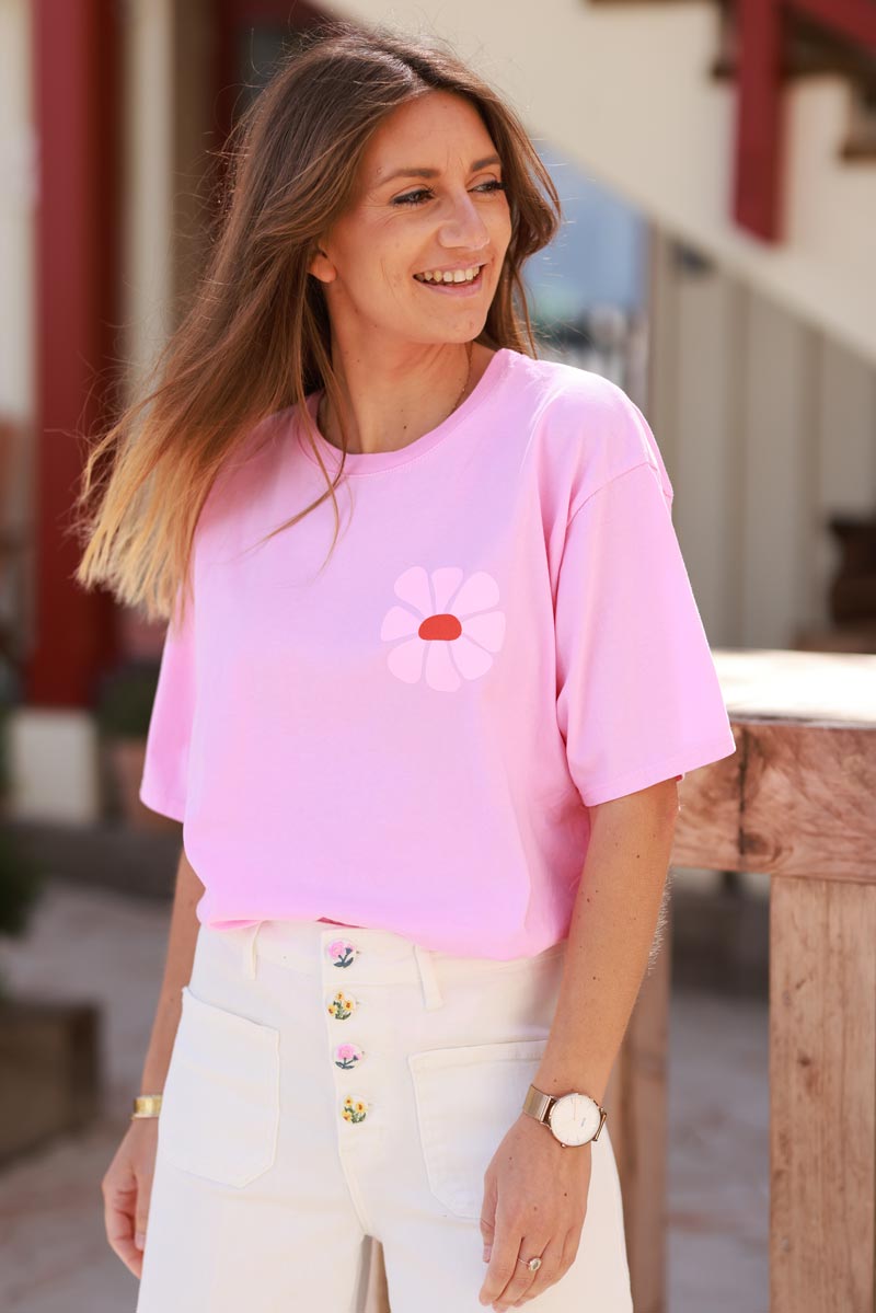 T-shirt rose en coton Made for more fleurs sixties
