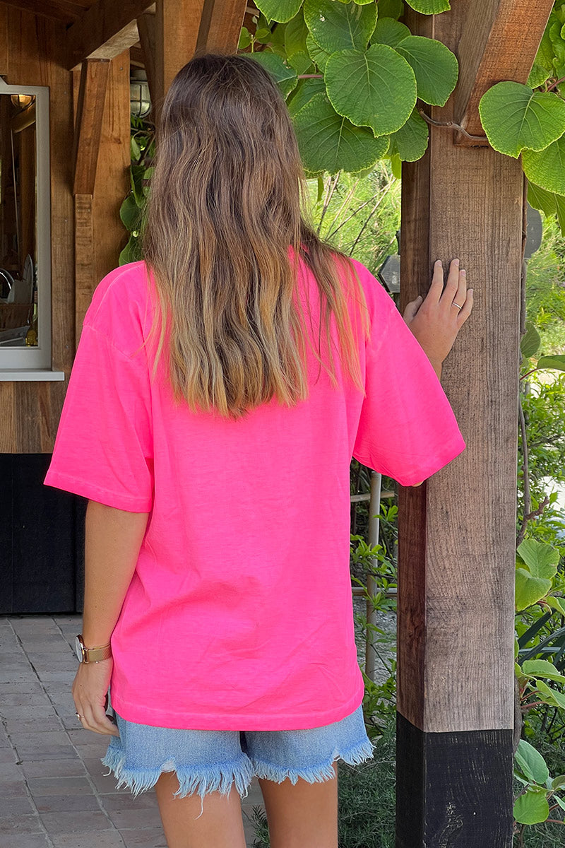 T-shirt rose flash en coton inscription CIAO jaune