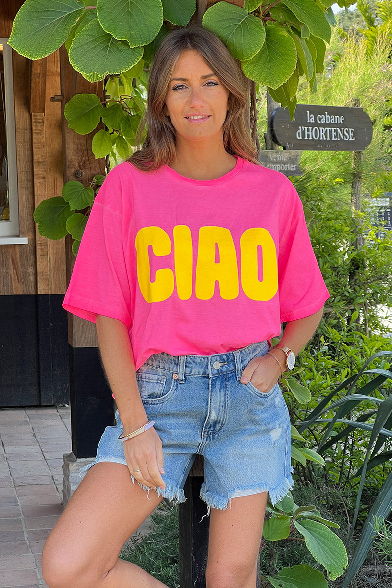 T-shirt rose flash en coton inscription CIAO jaune