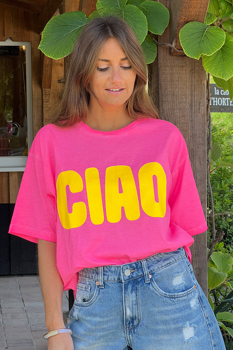 T-shirt rose flash en coton inscription CIAO jaune