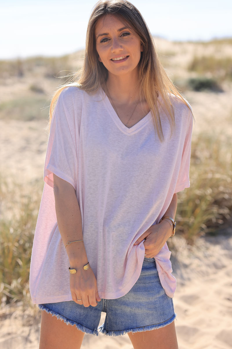 T-shirt rose pâle souple large et loose manches courtes chauve souris