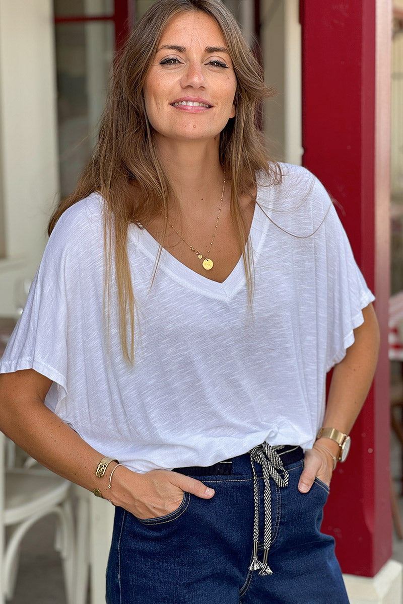 White Slouchy Slub Knit V-Neck Tee