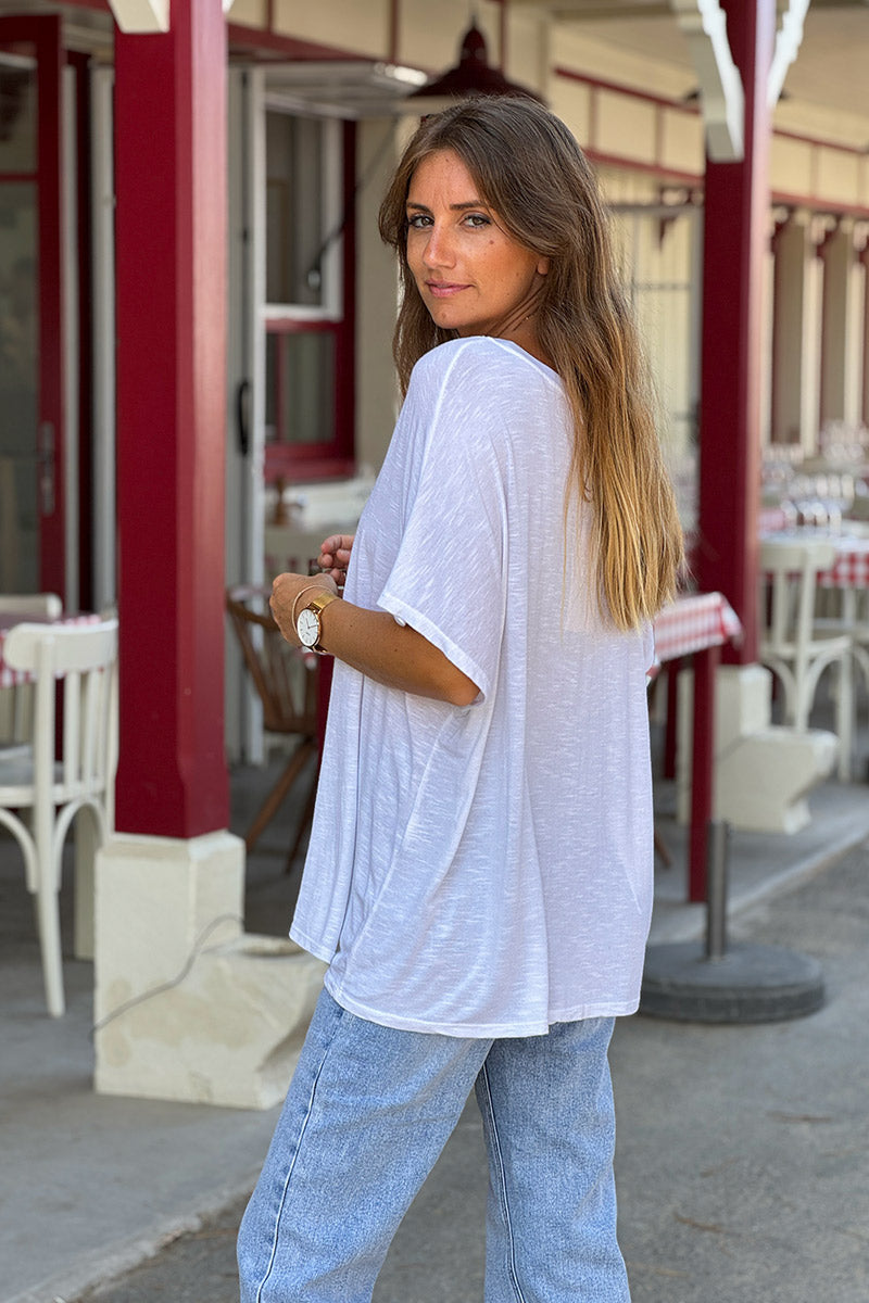 White Slouchy Slub Knit V-Neck Tee