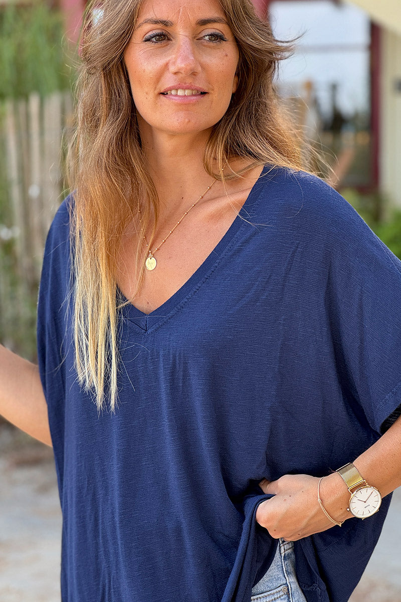 Navy Blue Slouchy Slub Knit V-Neck Tee