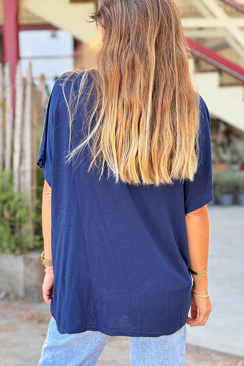 Navy Blue Slouchy Slub Knit V-Neck Tee