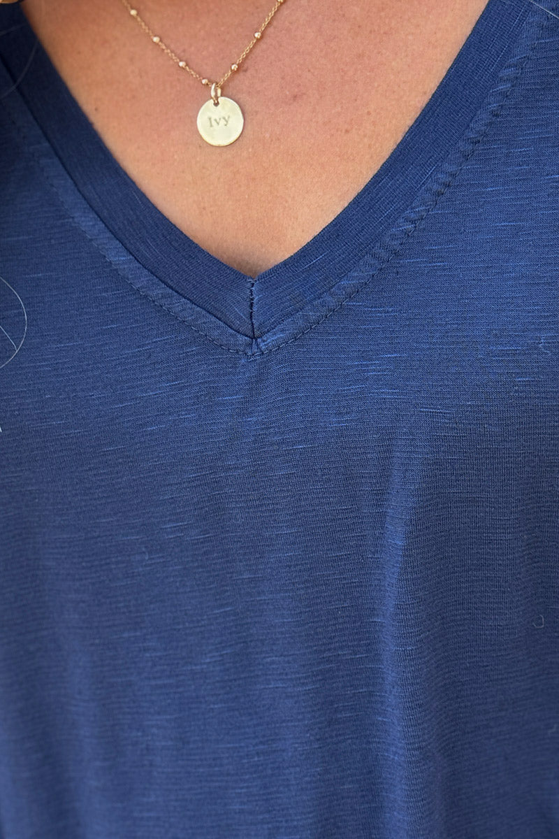 Navy Blue Slouchy Slub Knit V-Neck Tee