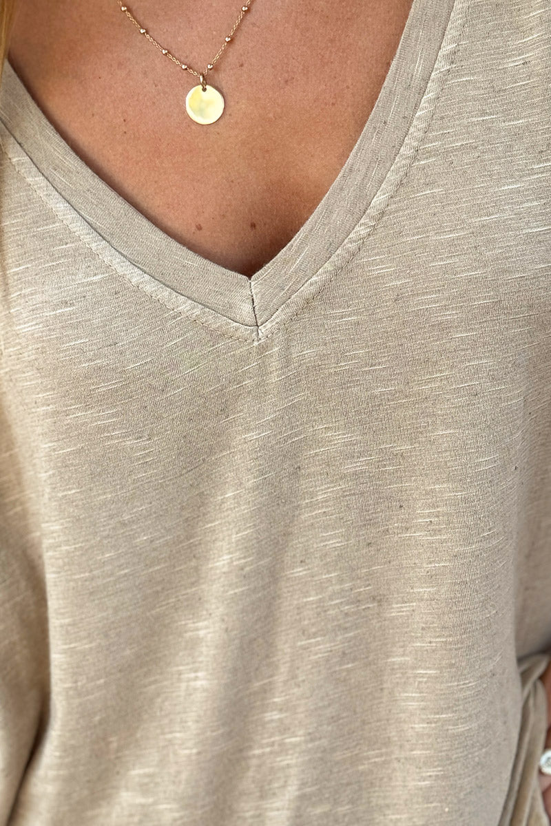 Camel Slouchy Slub Knit V-Neck Tee