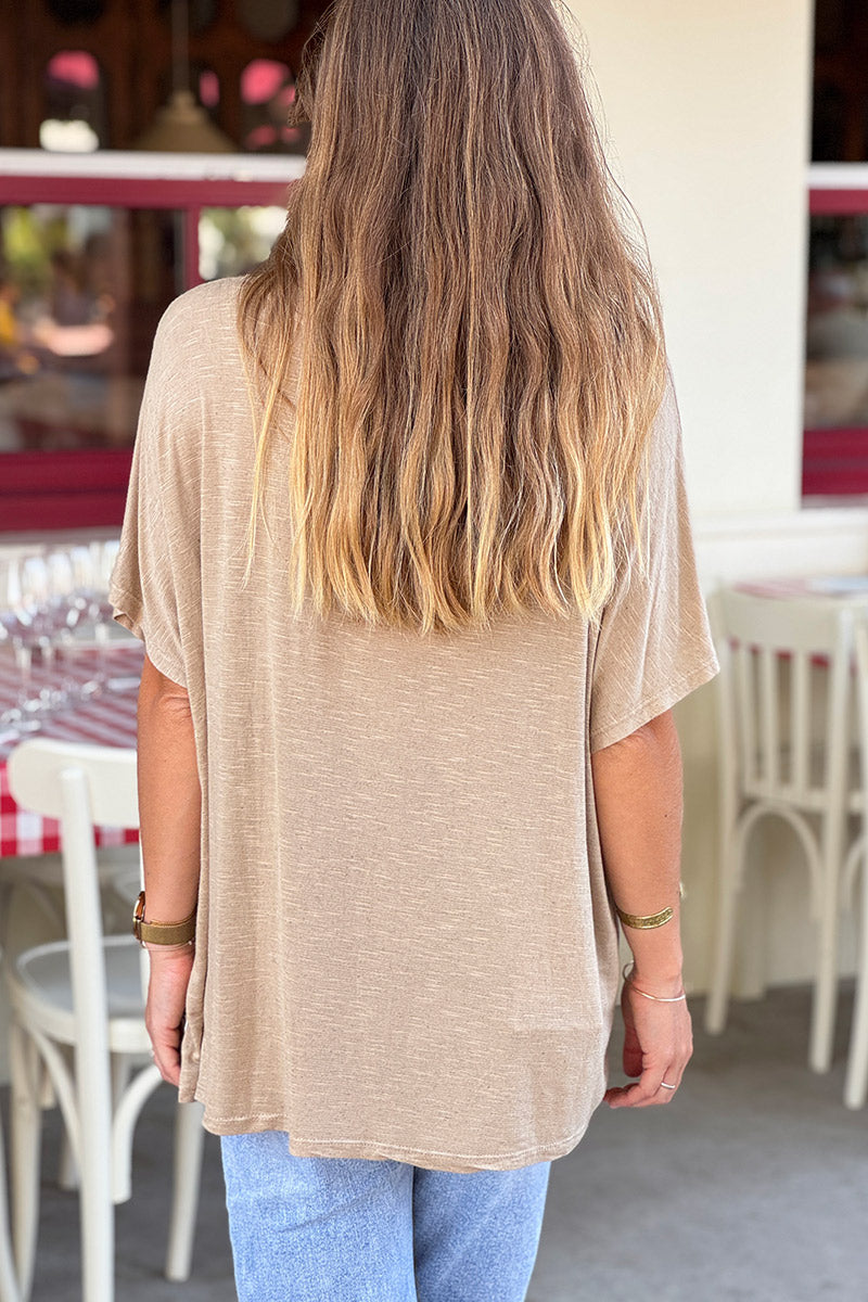 Camel Slouchy Slub Knit V-Neck Tee