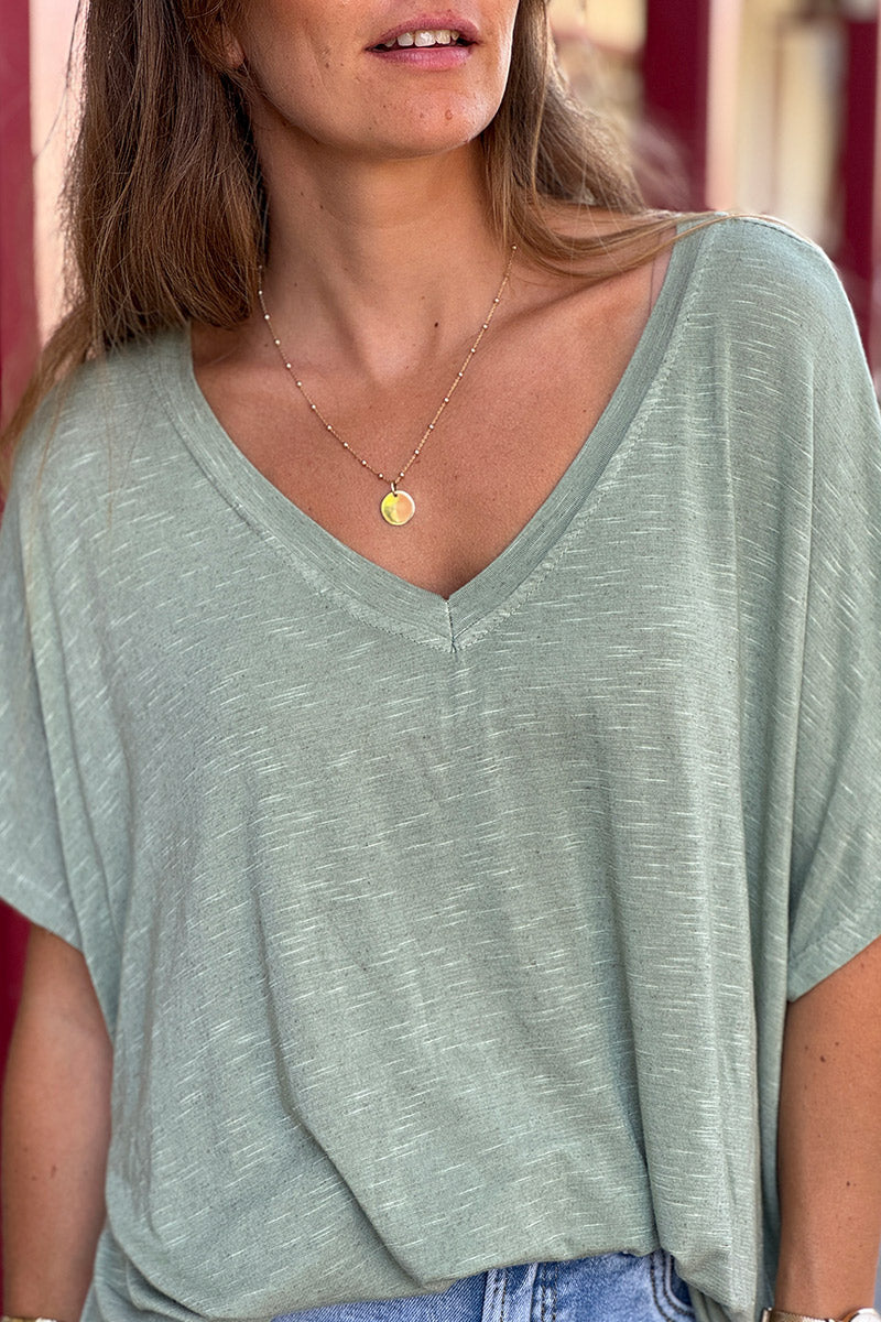 Olive Slouchy Slub Knit V-Neck Tee