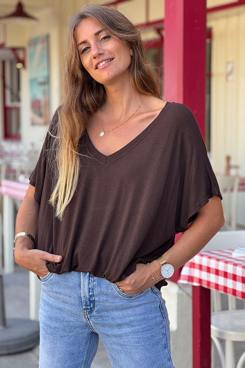 Brown Slouchy Slub Knit V-Neck Tee