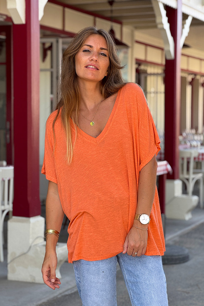 Orange Slouchy Slub Knit V-Neck Tee