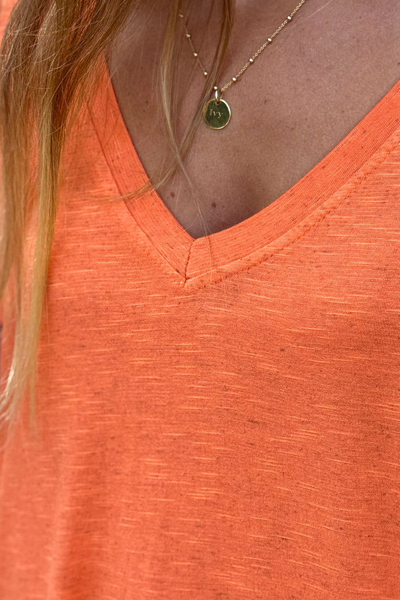Orange Slouchy Slub Knit V-Neck Tee