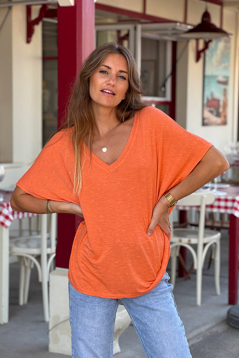 Orange Slouchy Slub Knit V-Neck Tee